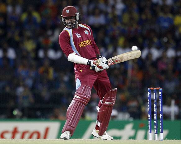 West Indies' batsman Chris Gayle bends to avoid a rising delivery during the ICC Twenty20 Cricket World Cup final match against Sri Lanka in Colombo.