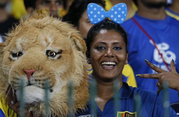 A Sri Lanka supporter gestures during the ICC Twenty20 Cricket World Cup final match between Sri Lanka and West Indies in Colombo.