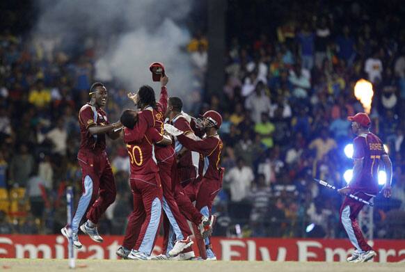 West Indies' players celebrate their win over Sri Lanka in the ICC Twenty20 Cricket World Cup final match in Colombo.