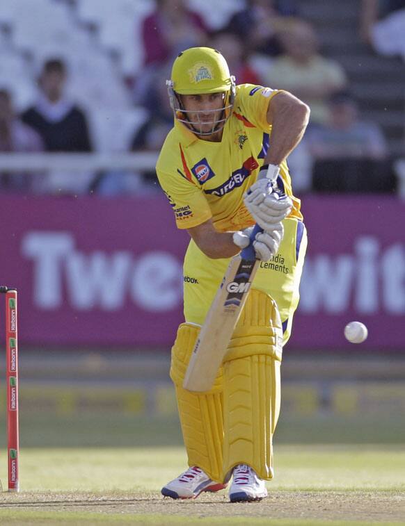 Chennai Super Kings Faf du Plessis plays a shot against the Highveld Lions, during the Champions League Twenty20 in Cape Town, South Africa.