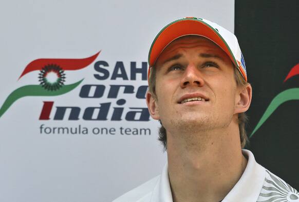 Force India Formula One team Nico Hulkenberg of Germany looks on during a press conference, in New Delhi.