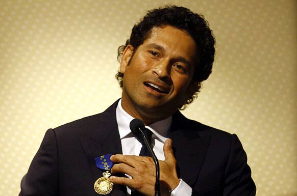 Sachin Tendulkar speaks after receiving the Order of Australia at an event in Mumbai. Tendulkar was given the award for service to Australia-India relationship by promoting goodwill, friendship and sportsmanship.