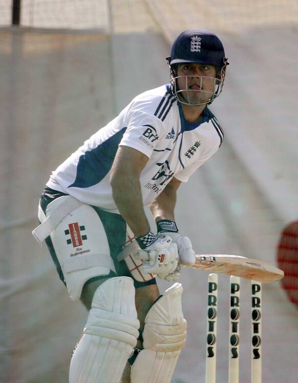 England's captain Alastair Cook bats in the nets during a practice session in Ahmadabad.