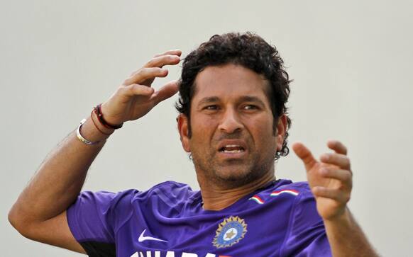 India's Sachin Tendulkar gestures during a practice session in Ahmadabad.