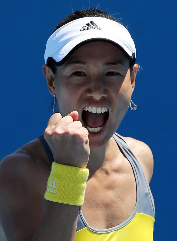 Japan's Kimiko Date-Krumm reacts after winning her first round match against Russia's Nadia Petrova at the Australian Open tennis championship.