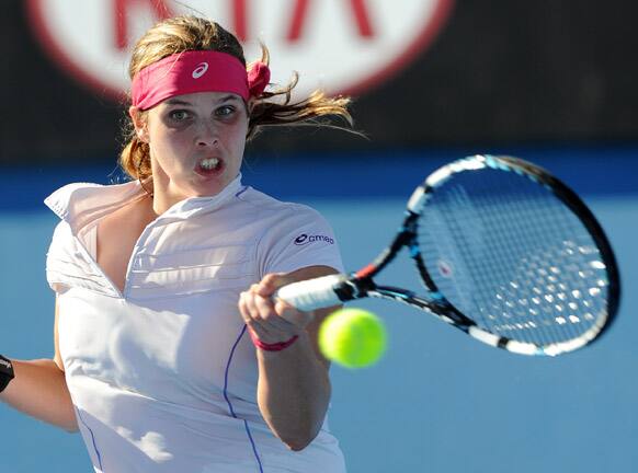 Portugal's Maria Joao Koehler hits a return during her second round match against Serbia's Jelena Jankovic at the Australian Open tennis championship in Melbourne.