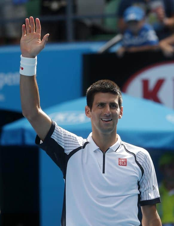 Serbia's Novak Djokovic celebrates after defeating Radek Stepanek of the Czech Republic in their third round match at the Australian Open tennis championship in Melbourne.