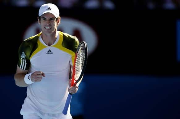 Britain's Andy Murray celebrates during his third round match against Lithuania's Ricardas Berankis at the Australian Open tennis championship in Melbourne.