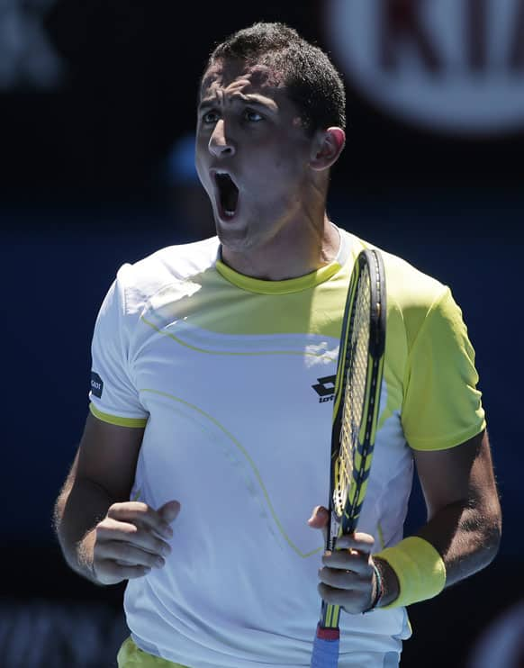 Spain's Nicolas Almagro reacts during his quarterfinal match against compatriot David Ferrer at the Australian Open tennis championship.