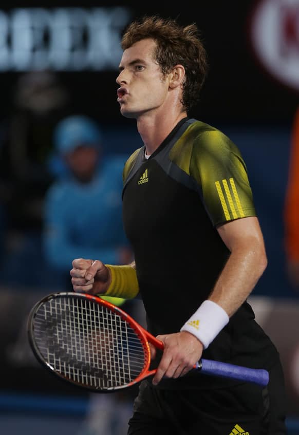 Britain's Andy Murray reacts after winning the first set against Serbia's Novak Djokovic during the men's final at the Australian Open tennis championship in Melbourne.