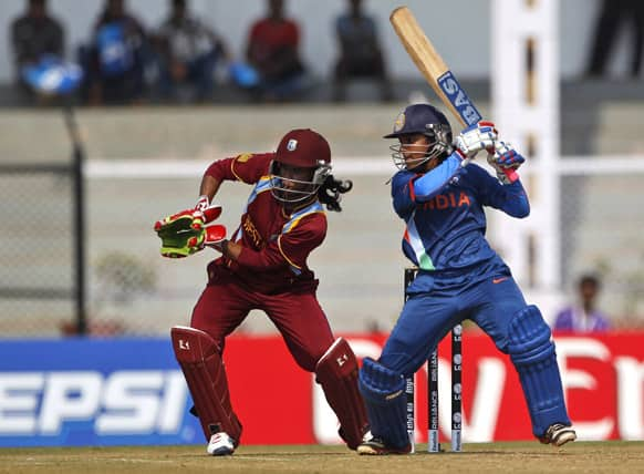 India’s Poonam Ganesh Raut plays a shot against West Indies during the opening cricket match of the ICC Women's World Cup in Mumbai.