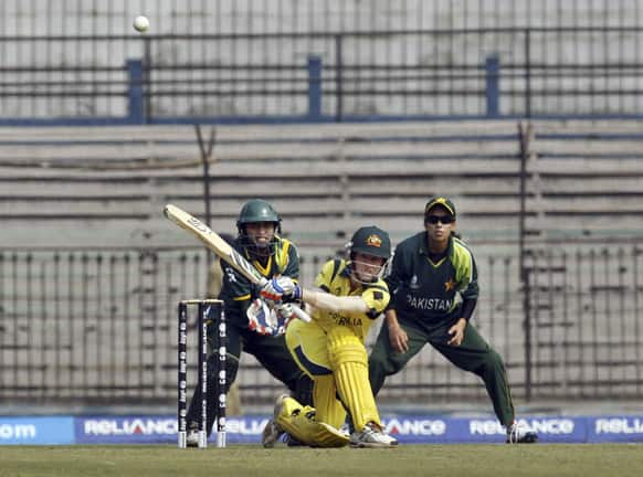 Australia's Rachael Hayens play a shot during the ICC Women’s World Cup cricket match against Pakistan in Cuttack.