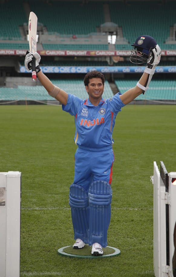 A wax statue of Sachin Tendulkar stands on the field at the SCG in Sydney.