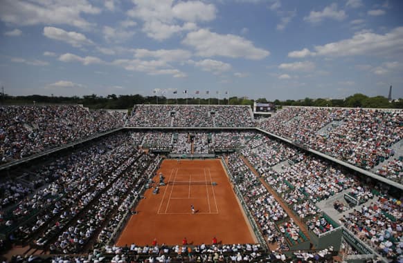 View of center court where Spain's Rafael Nadal plays against Switzerland's Stanislas Wawrinka in their quarterfinal match at the French Open tennis tournament, at Roland Garros stadium in Paris.