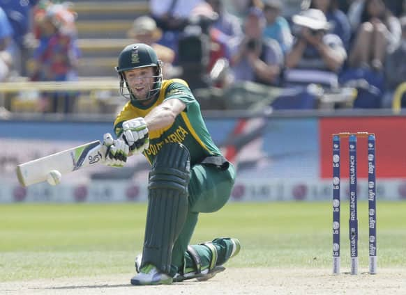 South Africa's AB de Villiers hits a ball from India's bowler Bhuvneshwar Kumar during their group stage ICC Champions Trophy cricket match in Cardiff, Wales.