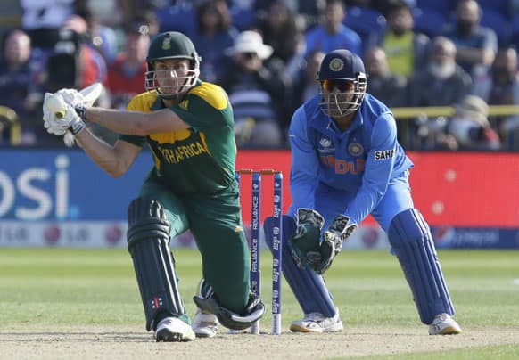 South Africa's Morne Morkel goes to hit a ball as his side play South Africa during their group stage ICC Champions Trophy cricket match in Cardiff, Wales.