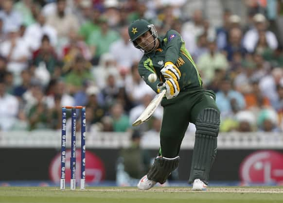 Pakistan's Misbah-ul Haq hits a six runs off the bowling of West Indies' Kieron Pollard during their ICC Champions Trophy group B cricket match at the Oval cricket ground in London.