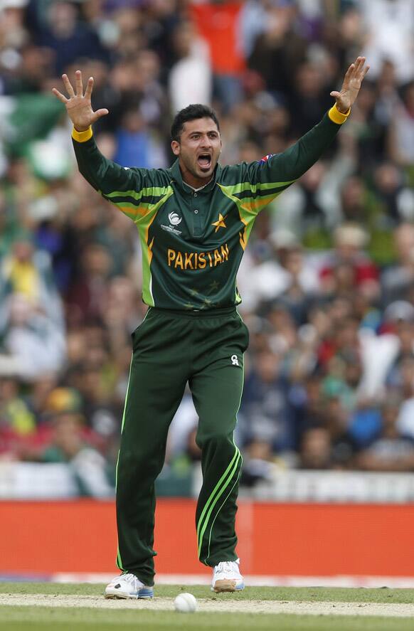 Pakistan's bowler Junaid Khan appeals for a LBW against West Indies' Chris Gayle during their ICC Champions Trophy group B cricket match at the Oval cricket ground in London.