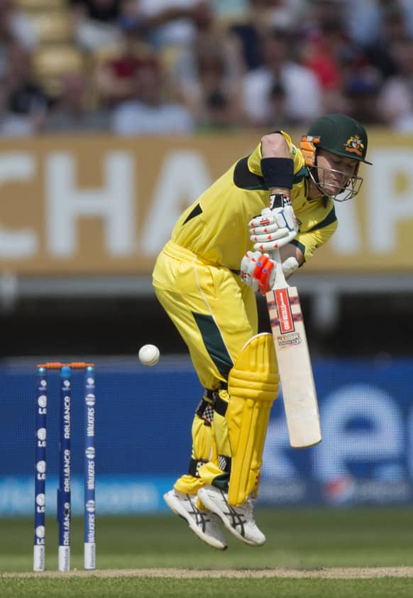 Australia's David Warner hits a shot during the ICC Champions Trophy group A cricket match between England and Australia at Edgbaston cricket ground in Birmingham.