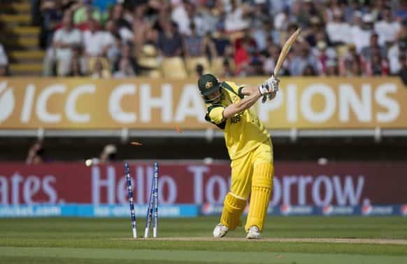 Australia's Adam Voges is bowled out by England's Tim Bresnan, not pictured, during the ICC Champions Trophy group A cricket match between England and Australia at Edgbaston cricket ground in Birmingham.