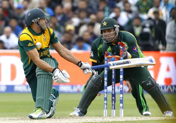 South Africa's Faf du Plessis gets a ball in the chest off the bowling of Pakistan's Saeed Ajmal during an ICC Champions Trophy cricket match between Pakistan and South Africa at Edgbaston in Birmingham.