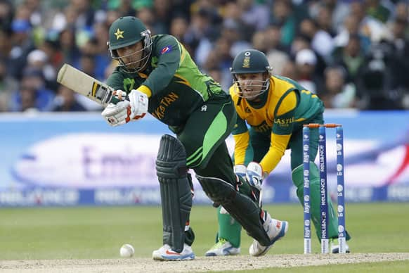 Pakistan's Misbah-ul-Haq plays a shot off the bowling of South Africa's Jean-Paul Duminy during an ICC Champions Trophy cricket match between Pakistan and South Africa at Edgbaston in Birmingham.