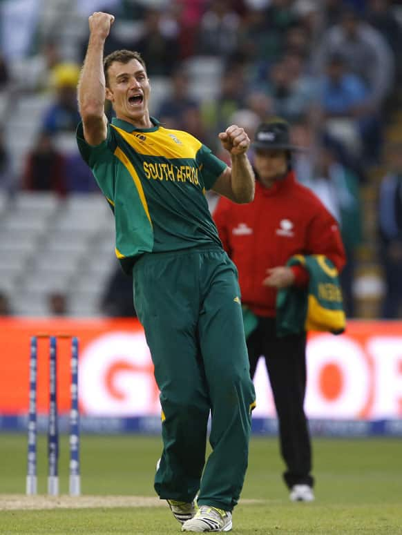 South Africa's Ryan McLaren celebrates the wicket of Pakistan's Junaid Khan, as South Africa won by 67 runs during an ICC Champions Trophy cricket match between Pakistan and South Africa at Edgbaston in Birmingham.