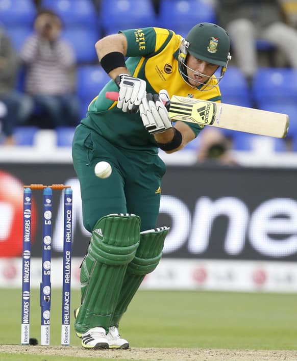 South Africa's Colin Ingram plays a shot off the bowling of West Indies' Tino Best during an ICC Champions Trophy cricket match between West Indies and South Africa at the Cardiff Wales Stadium in Cardiff.