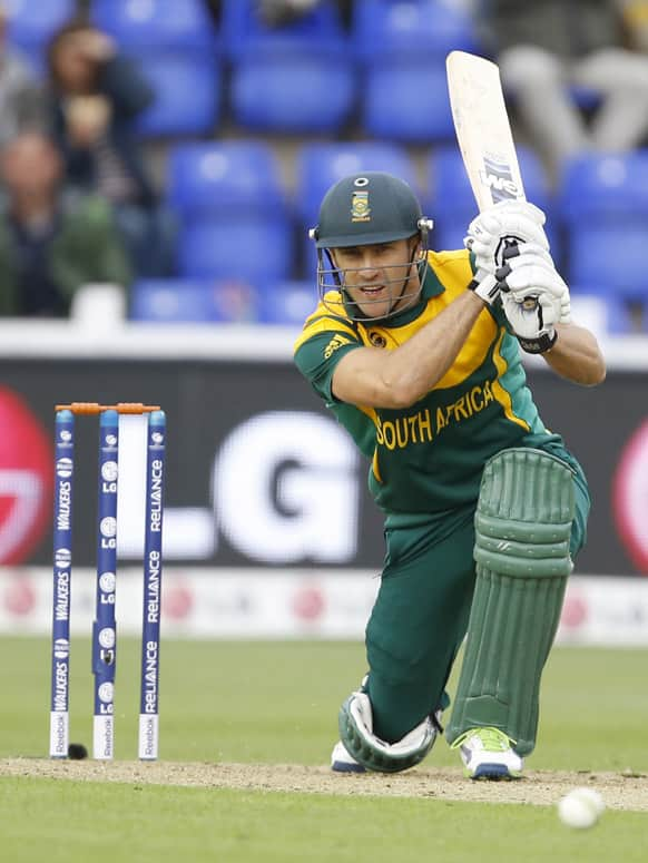 South Africa's Faf du Plessis plays a shot off the bowling of West Indies' Dwayne Bravo during an ICC Champions Trophy cricket match between West Indies and South Africa at the Cardiff Wales Stadium in Cardiff.