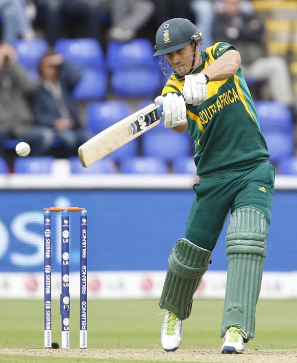 South Africa's Faf du Plessis plays a shot off the bowling of West Indies' Ravi Rampaul during an ICC Champions Trophy cricket match between West Indies and South Africa at the Cardiff Wales Stadium in Cardiff.