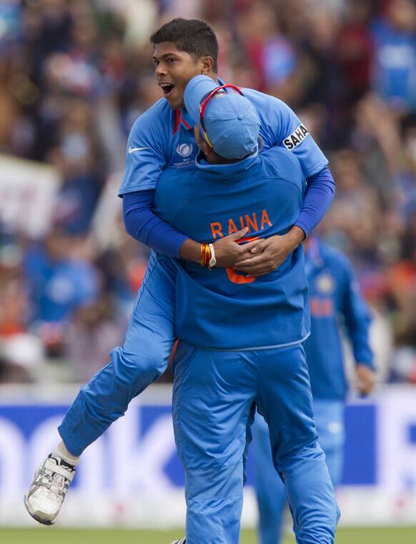 Umesh Yadav celebrates in vain thinking he has taken the wicket of Pakistan's Nasir Jamshaid during their ICC Champions Trophy cricket match at Edgbaston cricket ground, Birmingham, England.