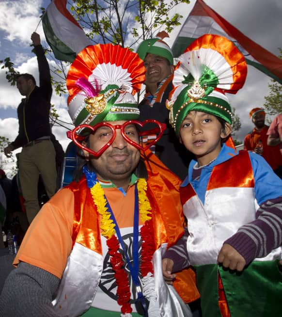 Cricket fans are seen outside the ground before India's ICC Champions Trophy cricket match against Pakistan at Edgbaston cricket ground, Birmingham.