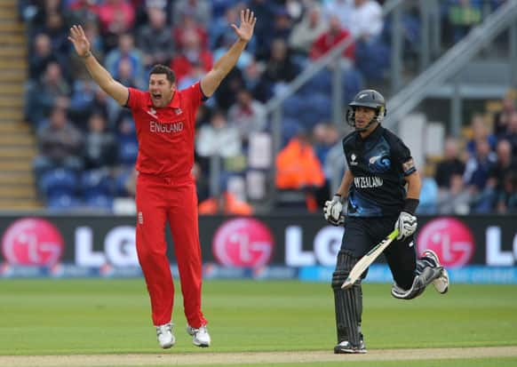 England's Tim Bresnan, left, celebrates trapping New Zealand batsman Ross Taylor LBW during the ICC Champions Trophy match at the SWALEC Stadium, Cardiff, Wales.