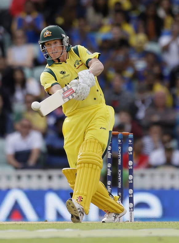 Australia's George Bailey hit a ball from Sri Lanka's Lasith Malinga during their ICC Champions Trophy cricket match at the Oval cricket ground in London.