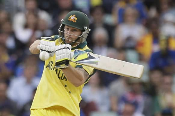 Australia's Matthew Wade hits four runs from the bowling of Sri Lanka's Lasith Malinga during their ICC Champions Trophy cricket match at the Oval cricket ground in London.