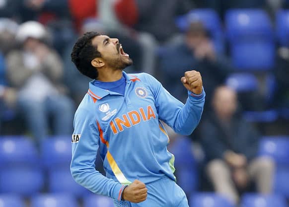 Ravindra Jadeja celebrates taking the wicket of Sri Lanka's Mahela Jayawardena during an ICC Champions Trophy semifinal between India and Sri Lanka at the Cardiff Wales Stadium in Cardiff.