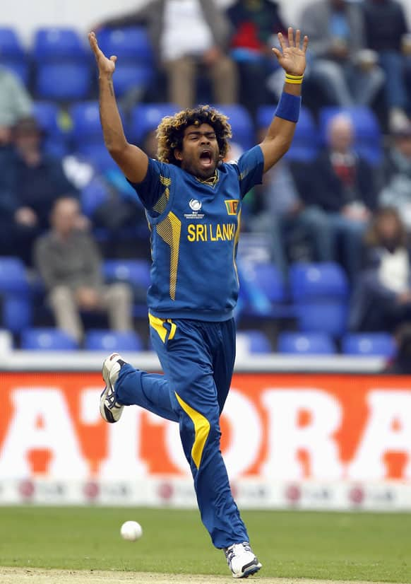 Sri Lanka's Lasith Malinga appeals during an ICC Champions Trophy semifinal between India and Sri Lanka at the Cardiff Wales Stadium in Cardiff.