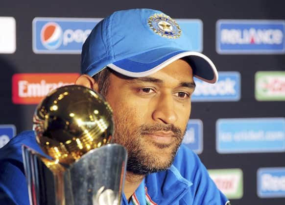 Mahendra Singh Dhoni attends a press conference ahead of Sunday's ICC Trophy final against England at Edgbaston, Birmingham Englnad..