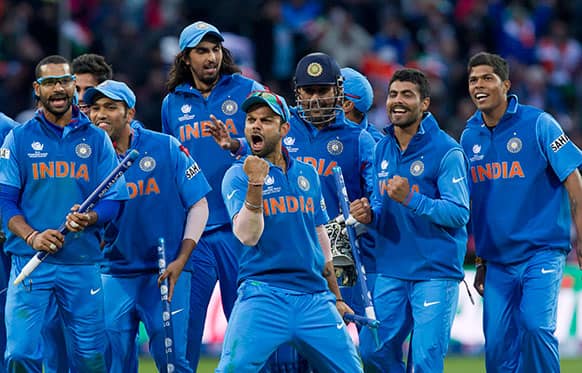 India celebrate beating England in their ICC Champions Trophy Final cricket match at Edgbaston cricket ground, Birmingham, England.