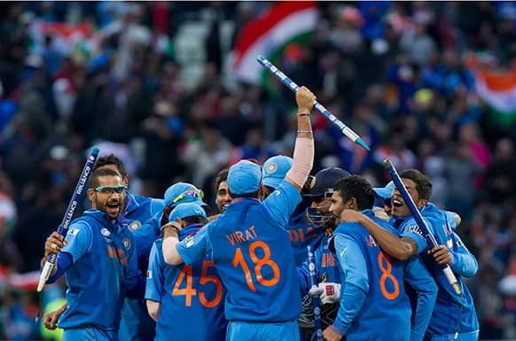 India celebrate winning the ICC Champions Trophy Final cricket match after beating England at Edgbaston cricket ground, Birmingham.