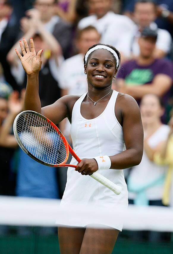 Sloane Stephens of the United States reacts after beating Andrea Petkovic of Germany in a Women's second round singles match at the All England Lawn Tennis Championships in Wimbledon.