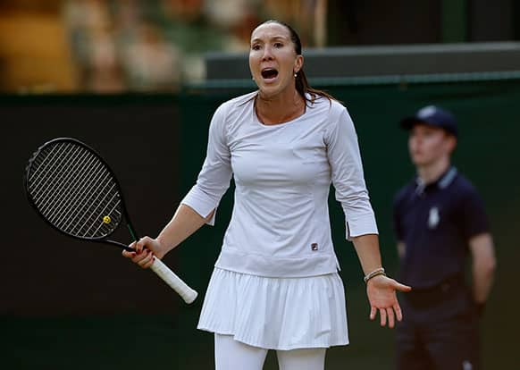 Jelena Jankovic of Serbia reacts as she plays Vesna Dolonc of Serbia during their Women's second round singles match at the All England Lawn Tennis Championships in Wimbledon.