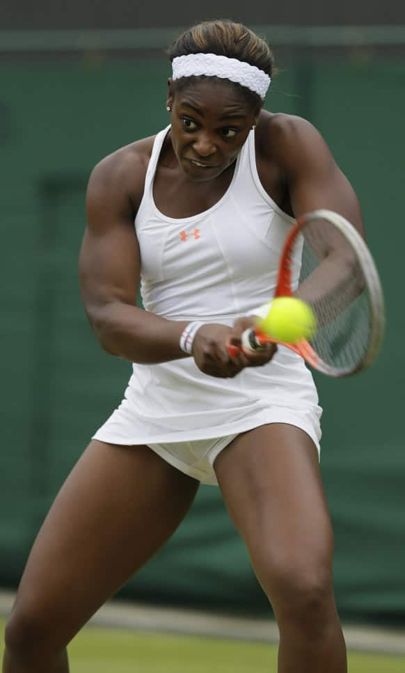 Sloane Stephens of the United States returns to Petra Cetkovska of the Czech Republic during their Women's singles match at the All England Lawn Tennis Championships in Wimbledon.