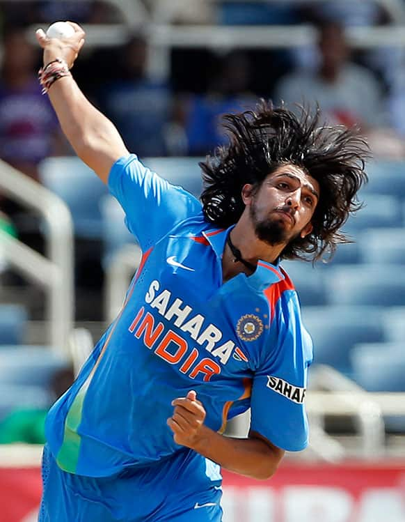 Ishant Sharma bowls during the Tri-Nation Series cricket match against the West Indies in Kingston, Jamaica.