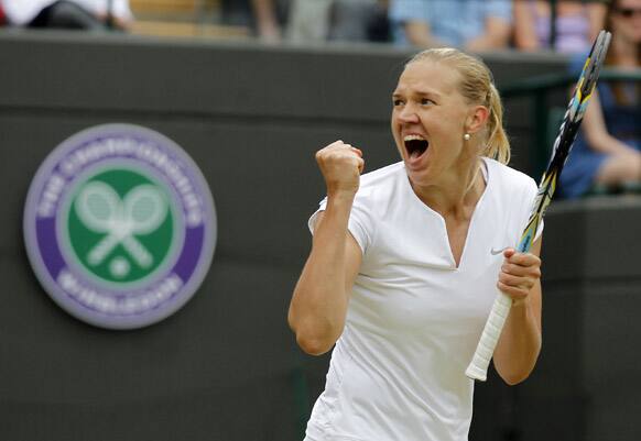 Kaia Kanepi of Estonia celebrates after beating Laura Robson of Britain during a Women's singles match at the All England Lawn Tennis Championships in Wimbledon.