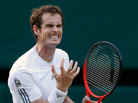 Andy Murray of Britain reacts during a Men's singles quarterfinal match against Fernando Verdasco of Spain at the All England Lawn Tennis Championships in Wimbledon.