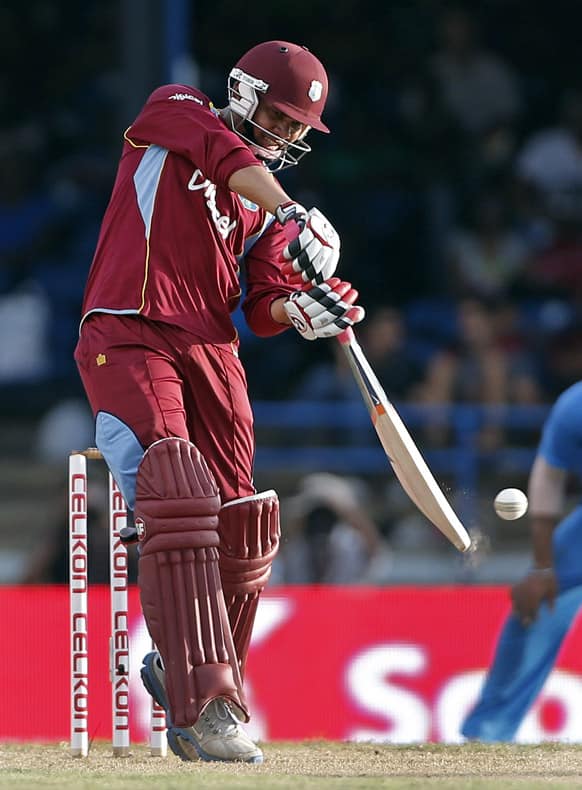 West Indies' Sunil Narine plays a shot during the Tri-Nation Series cricket match against India in Port-of-Spain, Trinidad.