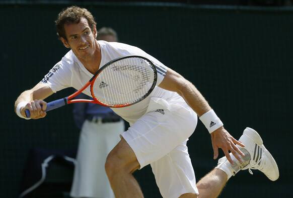 Andy Murray of Britain follows a shot to Novak Djokovic of Serbia during the Men's singles final match at the All England Lawn Tennis Championships in Wimbledon, London.