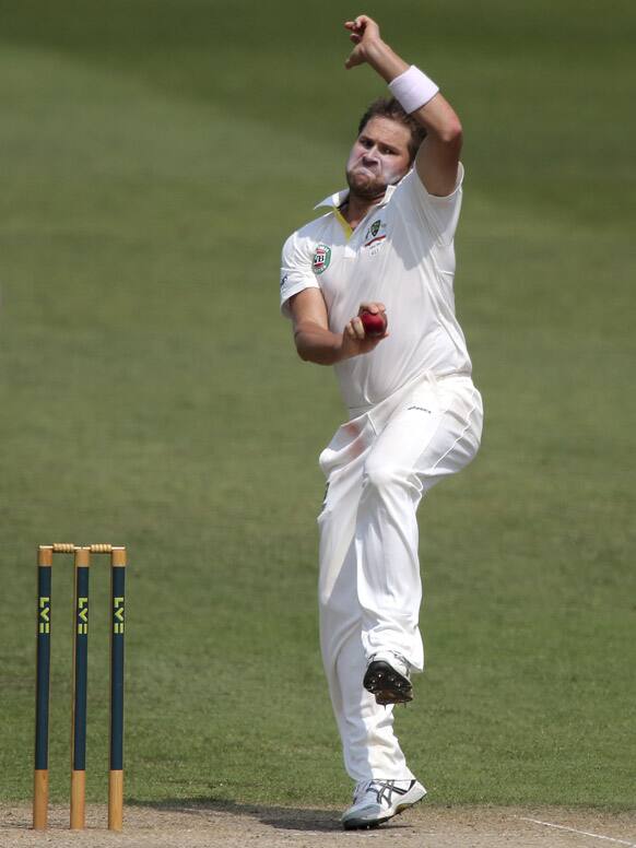 Australia's Ryan Harris bowls during warm up match against Worcestershire at New Road Worcester England.