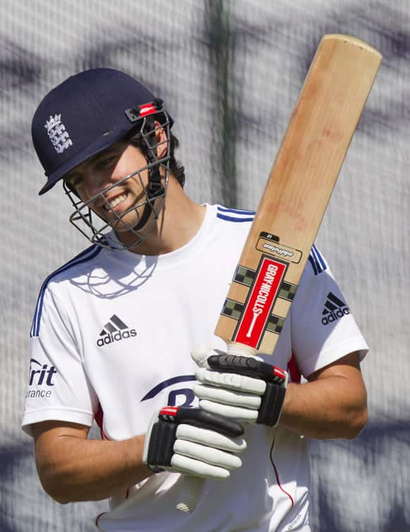 England's captain Alastair Cook smiles during nets practice the day before the side's opening Ashes cricket match against Australia at Trent Bridge cricket ground, Nottingham, England.